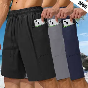 Men’s casual shorts 3-pack, zippered pockets, drawstring waist, minimalist design—suitable for everyday relaxation, street style looks, travel, and outings; also ideal for daily office wear, sports, running, and commuting.