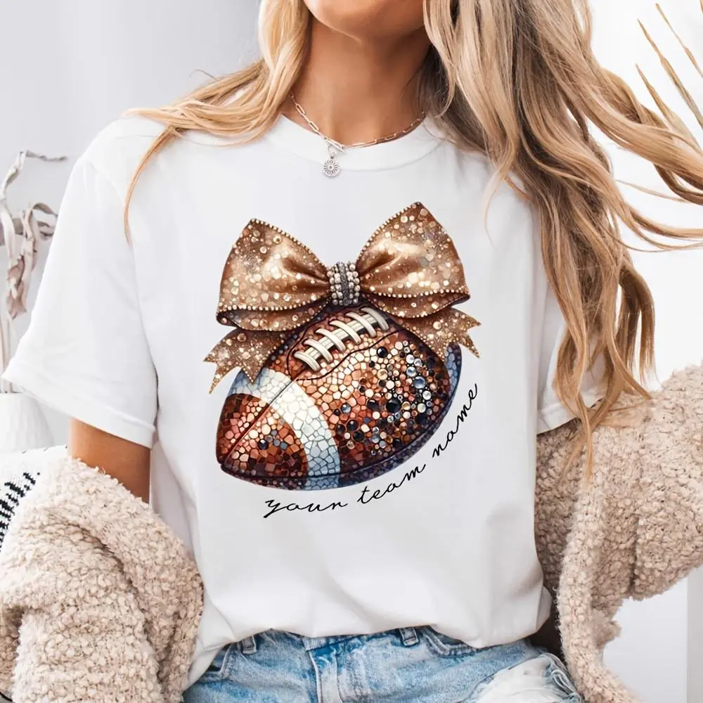 Glitter Football With Bow And Your Team Name Print, Neck Drop Shoulder T-Shirt, American Football Game Day Cheerleader Spirit Wear, Sports M