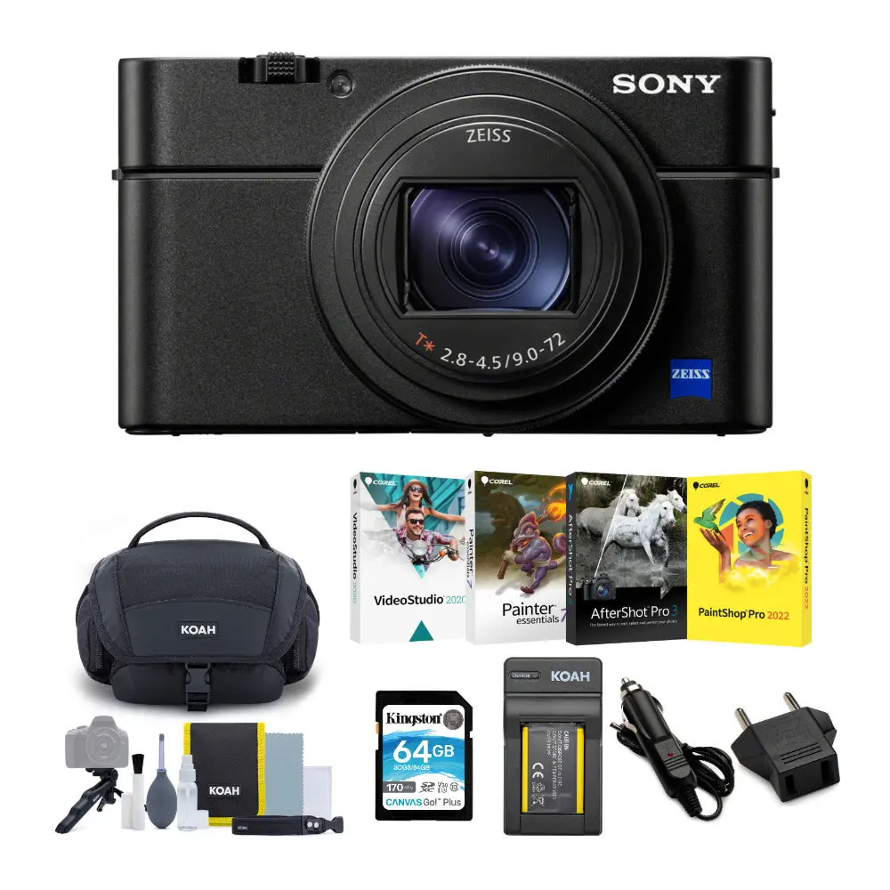 Sony RX100 VII Cyber-shot Electronic Point & Shoot Digital Camera with Screen, Lens, Mobile Recording Capabilities, Corel Software Suite, and Accessory Bundle, Compact