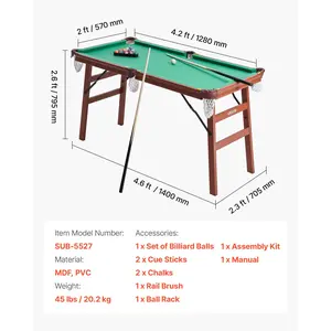 VEVOR Folding Pool Table, 4.5 ft Portable Billiards Tables, Foldable Space-Saving Entertainment Game Set Includes Ball, Cue, Rack, Chalk, Brush, Brown with Bule Cloth, for Family Use, Recreation Room