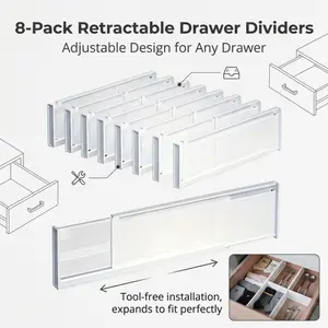 8-Pack Expandable Drawer Dividers, Adjustable No-Tool Storage Separators, Secure Fit Organizers for Socks, Utensils & Cosmetics, Customizable Clutter-Free Drawer Organizer for Home