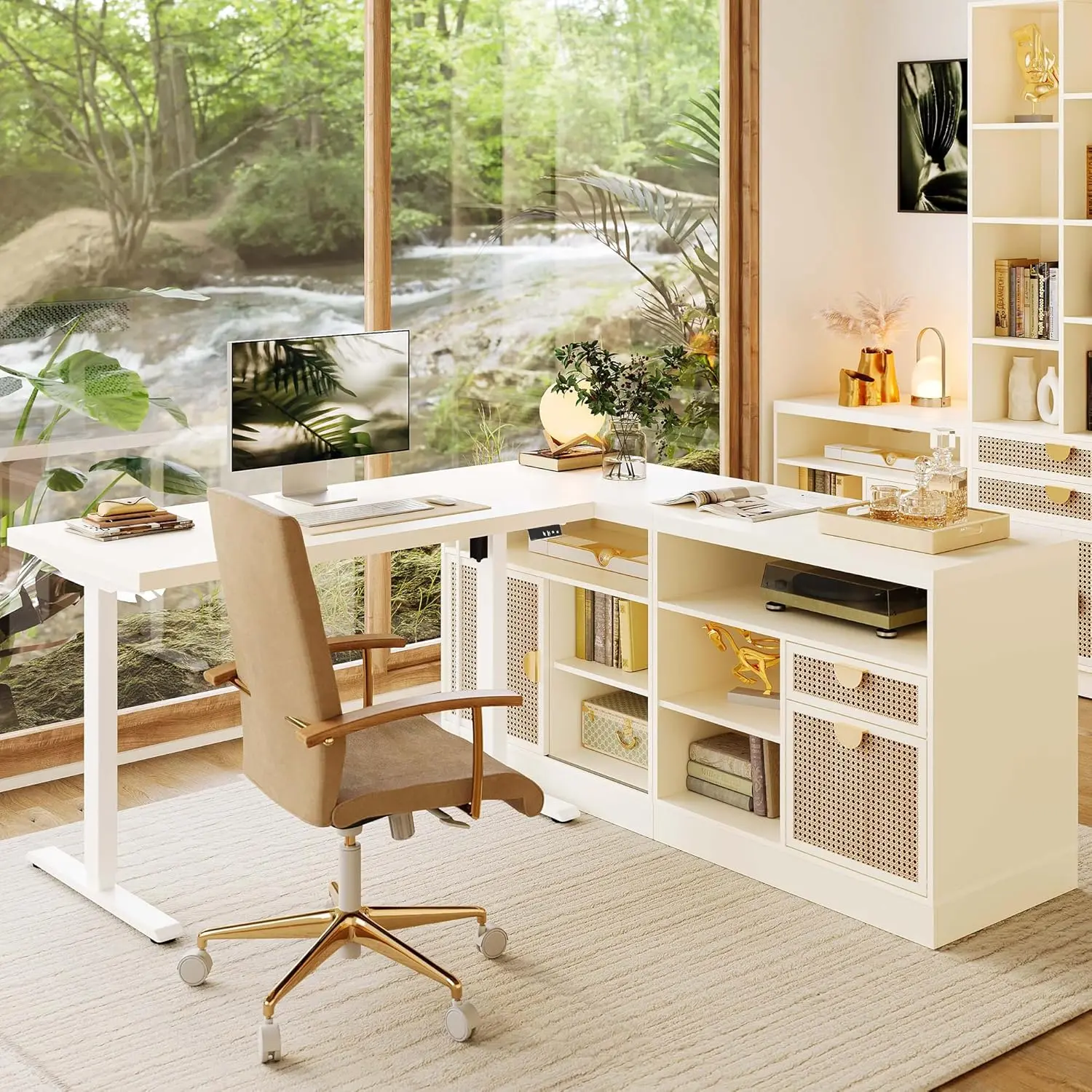 ModernMate 67" L Shaped Standing Desk with Drawers and File Cabinet, AC/USB, 1.18" Desktop, Height Adjustable Wood Desk, Electric Desk with Multiple Functions for Home and Office, White Rattan