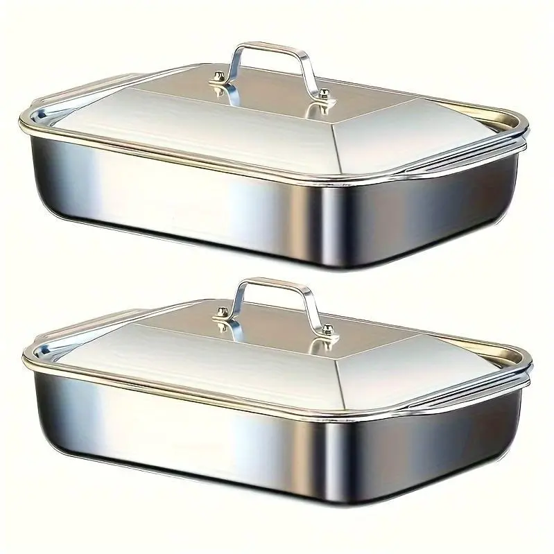 4-piece Set: 2 Deep Pans and 2 Lidded Pans with Handles, Stainless Steel Rectangular Baking Pans with Steel Lids - 6-liter Large Capacity, 16.14-inch Deep Baking Pan, Fish Pan, Roasting Pan, Lasagna Pan, Chicken, Dishwasher Safe, Gift for Men