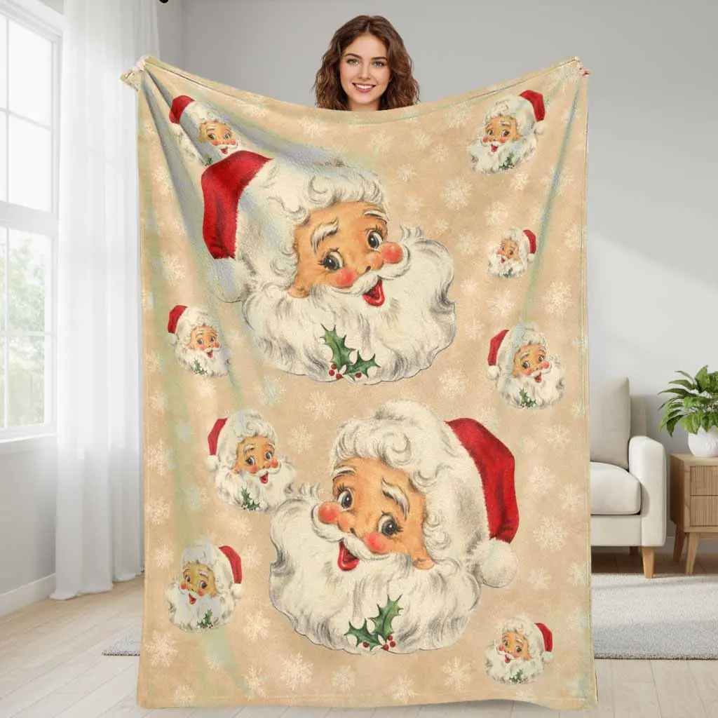 Vintage Santa Claus Flannel Blanket Retro Christmas Pattern Lightweight Plush Warm Throw for Bed Sofa Living Room Holiday Decoration Festive Seasonal Gift Cozy Couch Cover Wrap