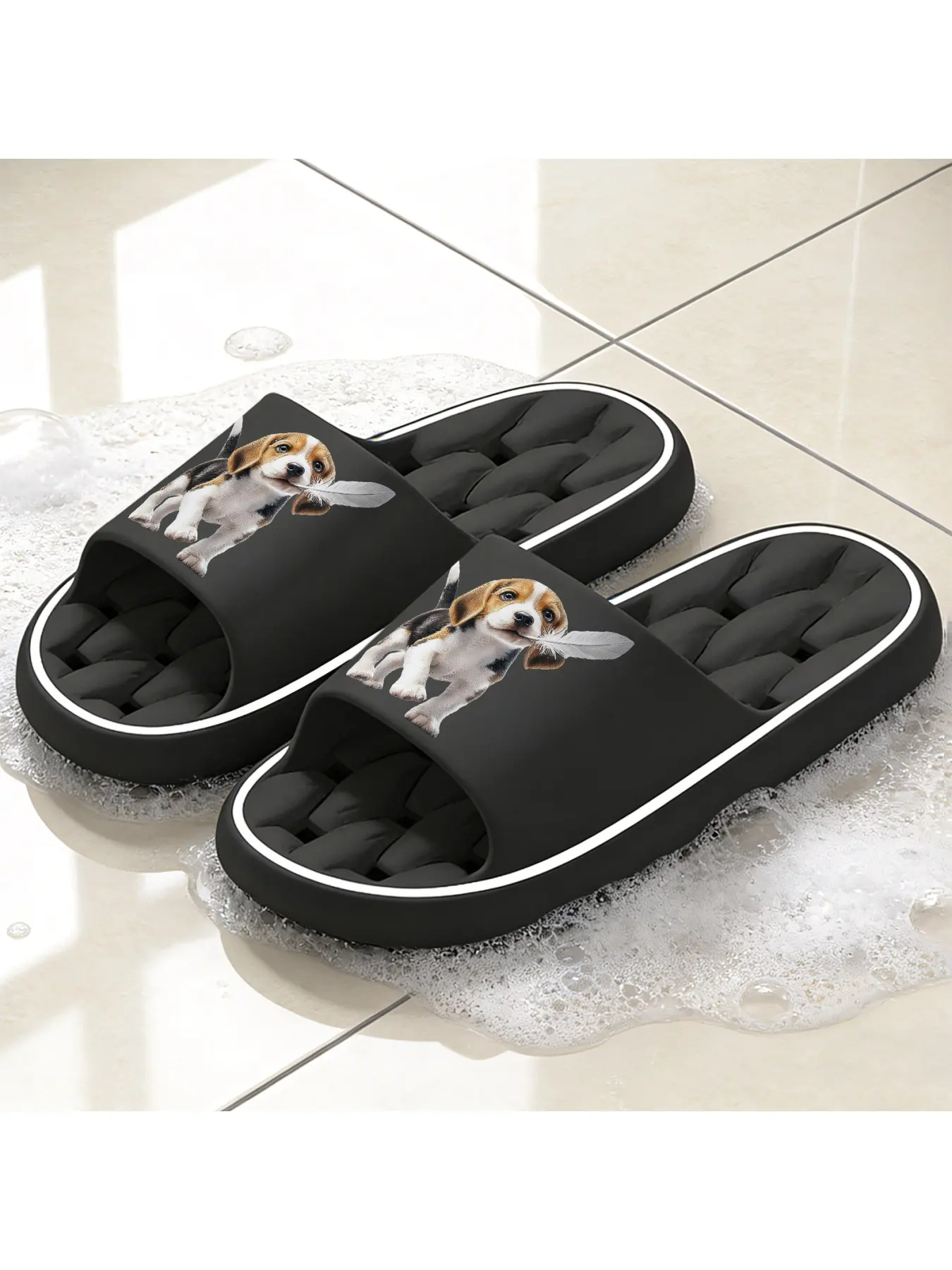 Cute Beagle Puppy Print Hollow Out Sole Slippers, Soft and Comfortable Slides for Indoor and Outdoor Wear, Breathable Non-stuffy Lightweight Anti-slip Shoes, Unisex Casual Footwear Suitable for Spri