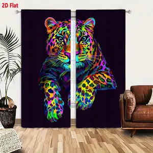 2D Flat  Leopard Jaguar Pop Art Style Blackout Curtains 2-Pack, Vibrant Neon Colors Spotted Pattern, Dark Purple Background with Retro 80s Aesthetic, Stylish Lying Animal Illustration, 2-Piece Window Curtains for Living Room Bedroom Decor