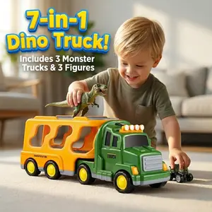 7-in-1 Dinosaur Truck Carrier Toy Set with 3 Dino Monster Trucks & 3 Figures, Storage Gift for Boys Age 3+