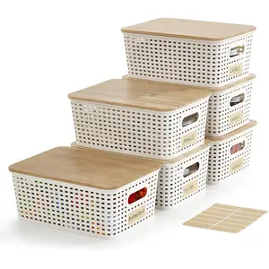 Small Plastic Storage Bins with Bamboo Lids 5.2qt Stackable Box Basket Pantry Decorative Containers Cute with Lable for Organizing Desktop Closet Office Cream White of 6 packs 10*7.2*4.1'’