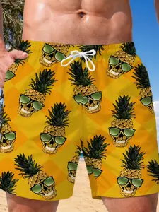 Men's Funny Pineapple Head Pattern Board Shorts, Drawstring Waist and Pockets, Casual Loose-Fitting Summer Beach Vacation Wear