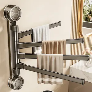 Carbon Steel Rotating Towel Rack Suction Cup No-Drill Bathroom Wall-Mounted Storage Rack Multi-Rod Foldable Bath Towel Organizer