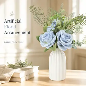 Artificial Flower Arrangement + Blue Rose Fake Flowers with Vase + Pre-assembled Realistic Floral Design, Ready for Instant Decor + Table Centerpiece Decor + Farmhouse Home Aesthetic + Artificial Rose Floral Set for Dining Table Kitchen Living Room Office