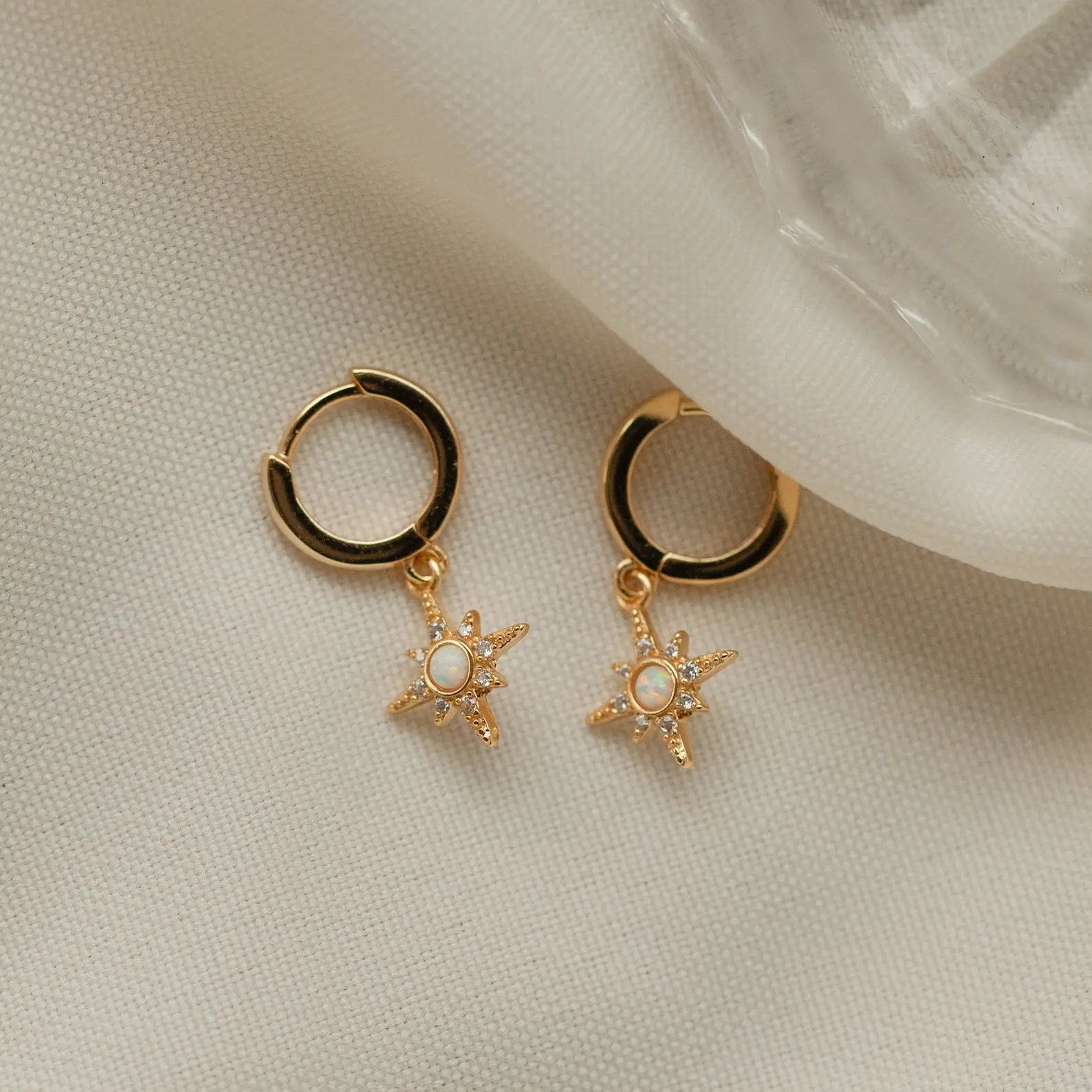Starburst Huggies by Caitlyn Minimalist -  Dainty Opal & Diamond Star Charm Earrings - Celestial Jewelry - Birthday Gift for Her