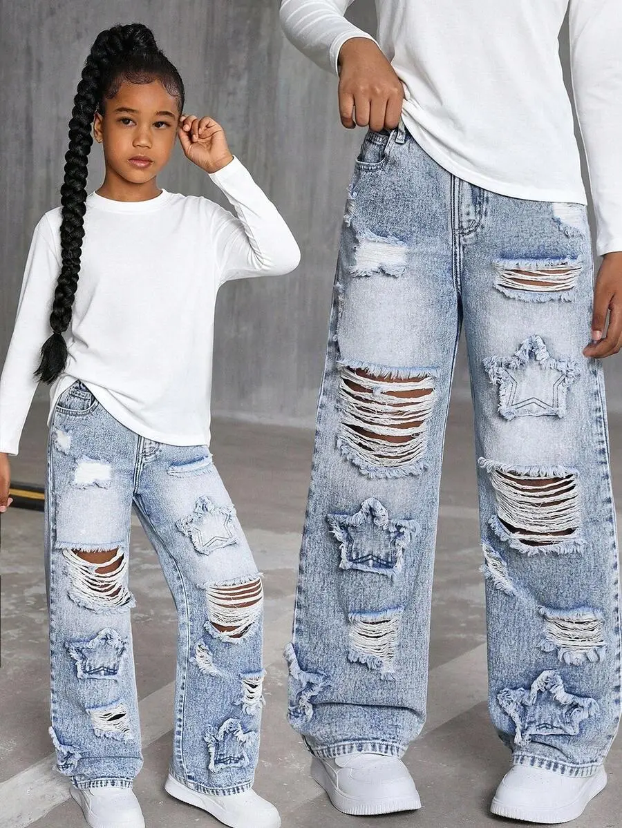 Tween Girls Y2K Aqua Blue Ripped Baggy Jeans,Star Embroidery Hole Patch Straight Denim,Summer Streetwear School Back-To-School Retro Casual Bottoms