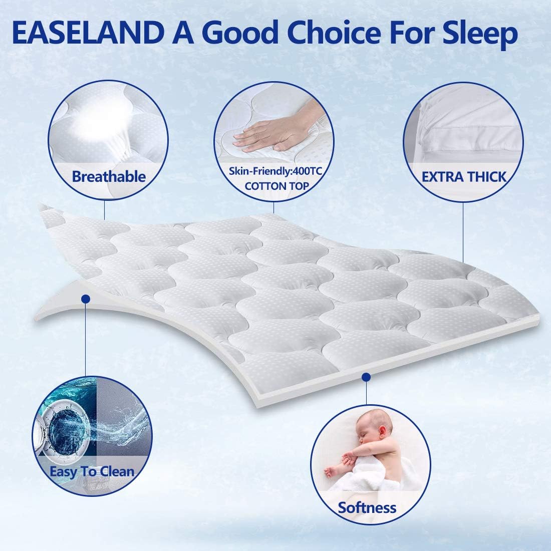 EASELAND Pillow Top Mattress Topper – Quilted Fitted Cover, Cotton Top, Extra Thick Mattress Pad with 8-21" Deep Pocket, Breathable & Machine Washable, Ideal for Bedroom & Home EASELAND Pillow Top Mattress Topper – Quilted Fitted Cover, Cotton Top, Extra Thick Mattress Pad with 8-21" Deep Pocket, Breathable & Machine Washable, Ideal for Bedroom & Home
