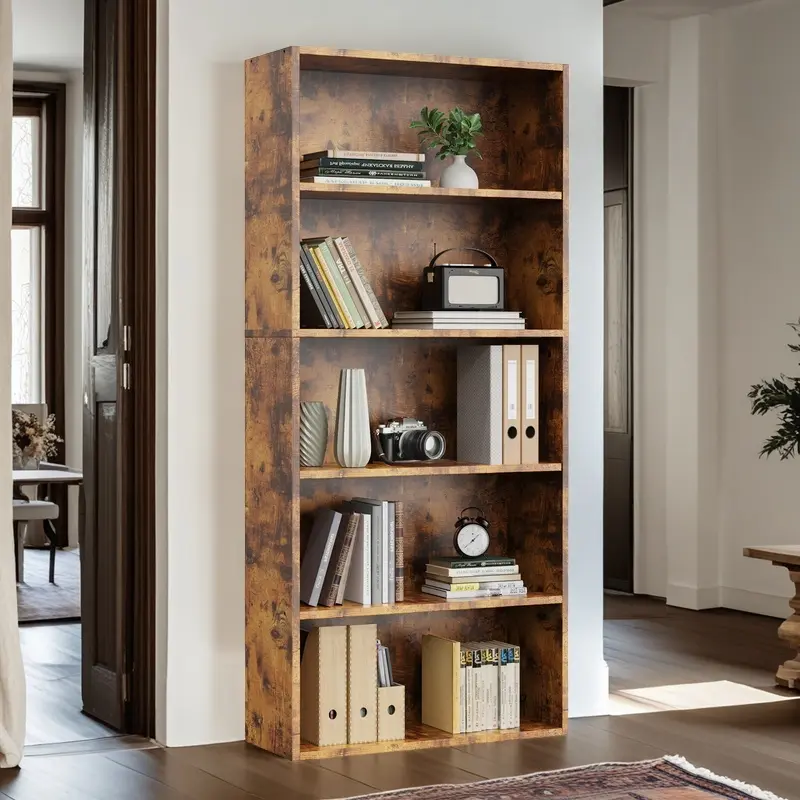Ball & Cast Industrial 5 Shelf Bookcase - Large 53 Inch Tall Floor Standing Open Bookshelf for Home Office, Living Room,Bedroom Storage, Brown Bookshelves and Bookcases Floor Standing 5 Tiers Display Storage Shelves 53 in Tall Bookcase Home Decor Furnitur