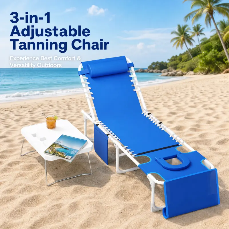 3-in-1 Ergonomic Sunbathing Chaise Lounge for Adults - Outdoor Patio Poolside, 5 Recline Adjust Positions, Adjustable Back, Heavy Duty Oxford Fabric, Folding Table, Removable Pillow, Carrying Strap, Max 330 lbs, Blue Outdoor Chair, Face Hole