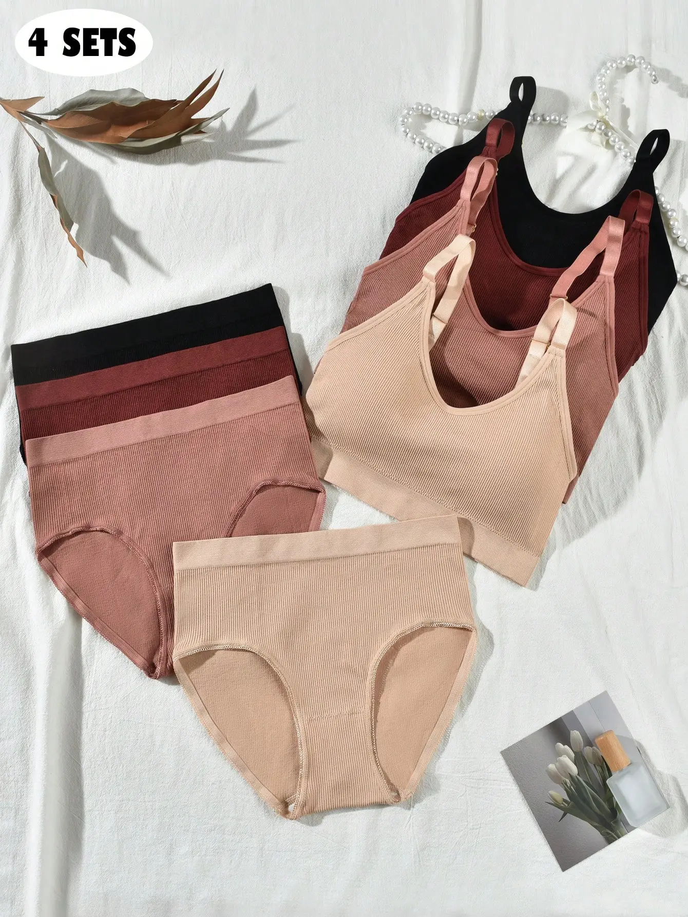 Women's 4-Piece Seamless Bra and Panties Set - 100% Brand New, High Stretch, Flat, Simple Solid Color, Comfortable, Breathable, Elegant Fashion Lingerie, Gifts for Women, Anti Pilling