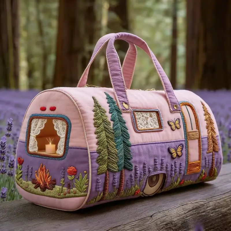 Quilted Tote Bag, Camper Trailer Lavender Forest Butterfly Patchwork Print Polyester, for Women Camping Road Trip Weekend Daily Outing, Large Capacity Shoulder Handbag, Lightweight Reusable