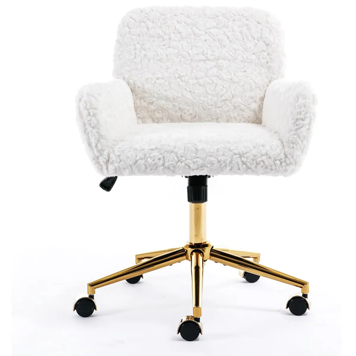 Furry Cute Office Chair Modern Swivel Desk Chair with Wheels Makeup Vanity Chairs with Back - Alpaca Fleece Upholstered Rolling Chairs for Vanity Makeup Room Girls Women, Adjustable Swivel Chair, Large Base