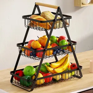 Metal Wire Fruit Vegetable Basket - 2&3 Tier Detachable Countertop Organizer with Wooden Handle for Bread, Snacks, Modern Home Supplies, Kitchen Storage Holder