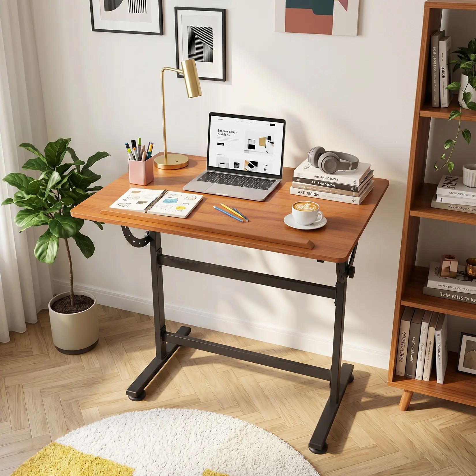 Adjustable Drafting Desk, 0°-90° Tilting Drawing Table, Steel-Wood Art Drafting Table with Anti-Slip Lip, for Artists, Architects, Students, 35.4" x 23.6", Walnut Finish