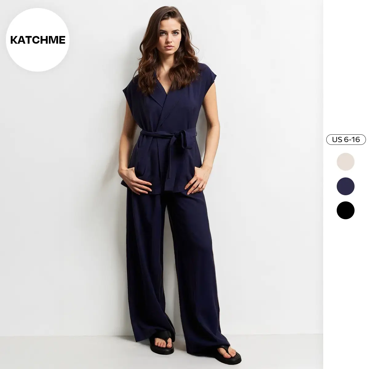KatchMe Women's Notch Lapel Cap Sleeve Waist Tie Blazer Top & Wide Leg Trousers Co-ord, Minimalist Side Pocket Two Piece Outfits, Summer Womenswear