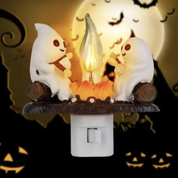 Gift Ghost Campfire Flickering Night Light,3D Small Electric Faux Campfire Night Light,Ghosts Campfire Flicker Flame Nightlight,5in LED Campfire Night Lights Funny Halloween Decor,Spooky Season Home Halloween Decor for Kids Adults