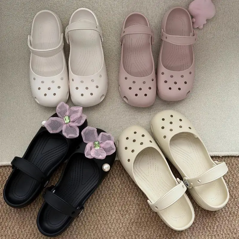 Women's Cute Mary Jane Ballet Flats - Retro EVA Hole Anti-Slip Beach Slipper Sandals, Walking Shoes (Runs Half Size Small)