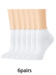 6 pairs of women's lightweight white mid-calf socks with Cute, comfortable and skin-friendly design, featuring ruffled cuffs and lace details for versatile everyday wear suitable for various outfits
