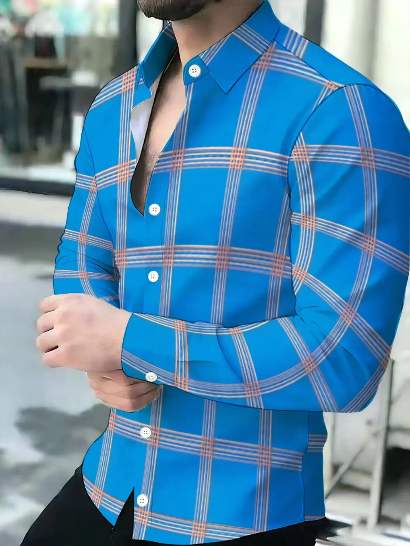 Men's Plaid Checked Long Sleeve Collared Shirt Button Up Design, Casual Business Fitted Top, Fashion Versatile Upper, Multiple Colors Available, Spring & Fall Wear