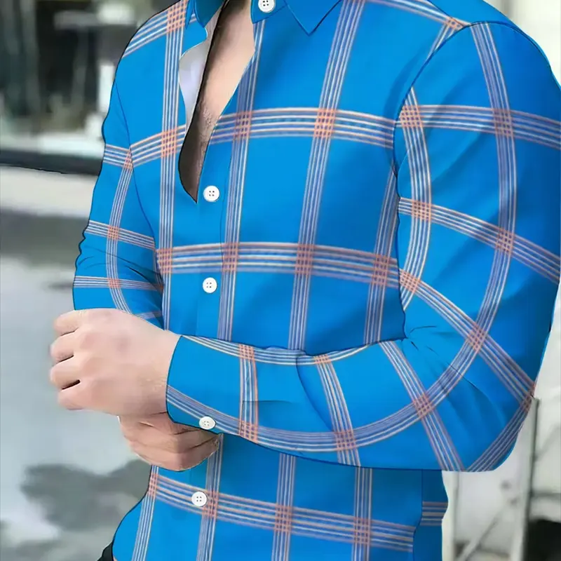 Men's Plaid Checked Long Sleeve Collared Shirt Button Up Design, Casual Business Fitted Top, Fashion Versatile Upper, Multiple Colors Available, Spring & Fall Wear, Plaid Shirts