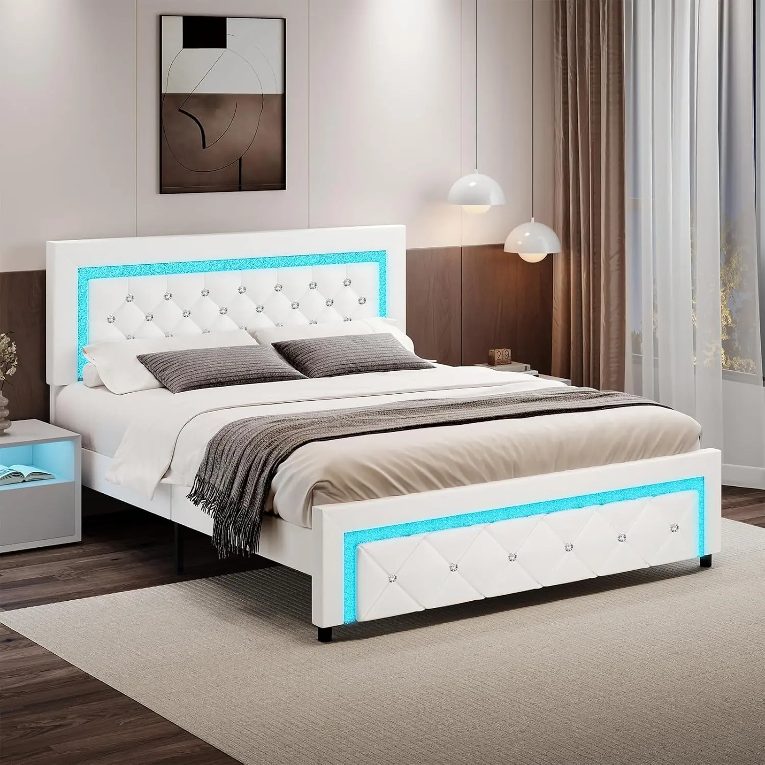[SummerSale] HOMBCK Bed Frame with LED Lights, Upholstered Platform Bed with Diamond Tufted Headboard, No Box Spring Needed, Noise Free, Easy Assembly #home essentials#back to school