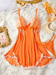 AESKEIA New Orange Color-Blocking Semi-Transparent Women's Sexy Lingerie Midnight Temptation Nightgown Set with a Camisole And Thong, Perfect for Romantic Occasions