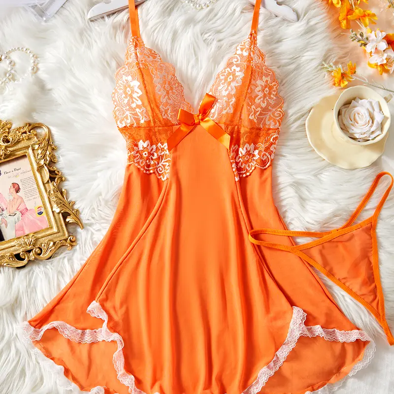 AESKEIA Women's Sexy Lingerie Babydoll Set, Floral Lace Deep V Chemise Nightdress with Matching Thong, 2-Piece