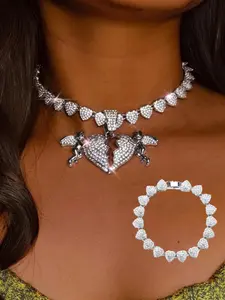 Trendy Fashion Heartbreaker Pendant Hip-Hop Iced-Shaped Heart Tennis Chain Necklace Bracelet Set, Matching Jewelry Set, Sparkling Blingbling Jewelry Gift