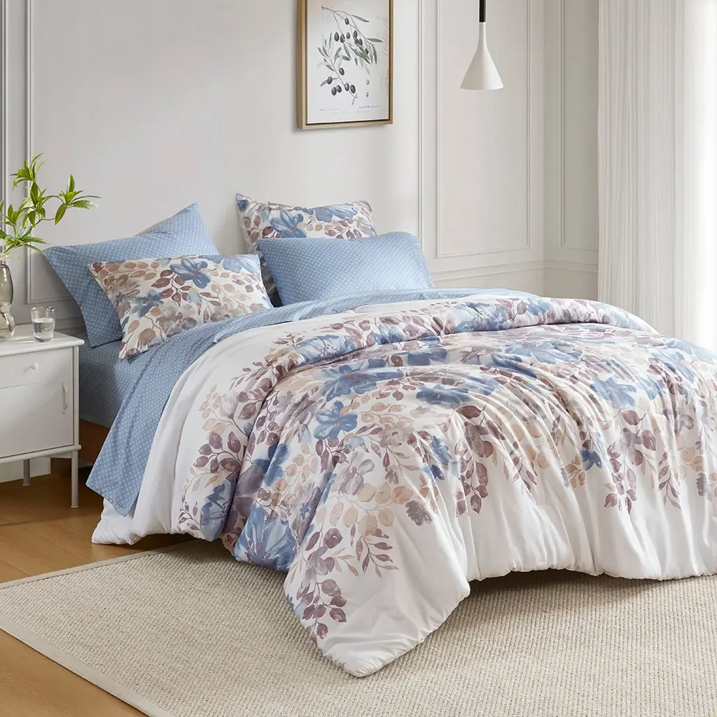 Full Size Soft Watercolor Bedding Set - 360 Stand, Polyester Fiber Floral Print Comforter with Bed Sheets, 78x86x1.5 in, Blue, Machine Washable for Mattresses, Soft Bedding Set