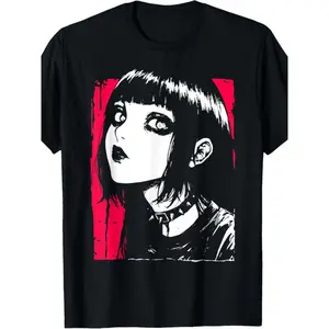 [EWH Horror Anime Tee] Black Cotton Blend EWH Japanese Horror Anime Goth T-Shirt |     Creepy Kawaii Graphic Tee, Loose Fit for Casual Wear, Horror Graphic Tee, Comfortable Cotton Blend
