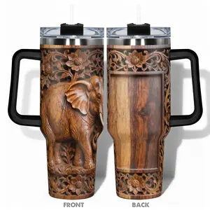 1pc 40oz/30oz/22oz/20oz/14ozCup Stainless Steel Tumbler With Wooden Carved Elephant and Flower Pattern Design, Leakproof Large Capacity, Needed for Gym, Hiking, Travel Ideal Birthday Christmas Gift Perfect Gift