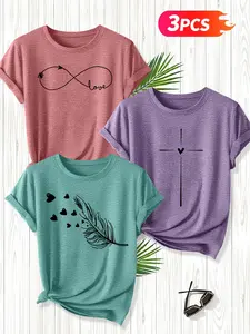 Women's Casual 3-Pack Short Sleeve Crew Neck T-Shirt, Infinity Symbol/Cross/Feather & Heart Print Set, Multiple Colors, Machine Washable, Spring & Summer Top, Soft Skin-Friendly Fabric, Daily Wear, Fashion Design