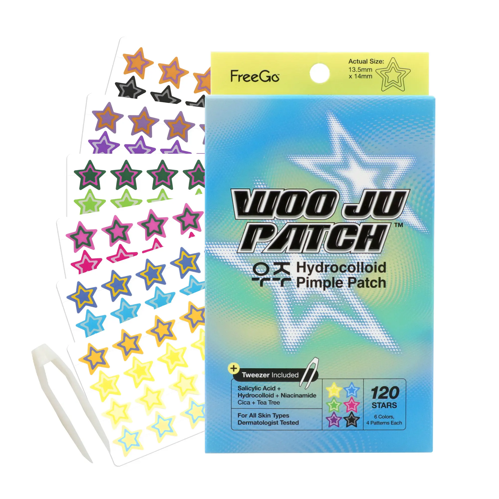 FreeGo WOO JU (우주) Hydrocolloid Pimple Patch 120 Counts | Cute Colorful Star Shape | Salicylic Acid, Niacinamide, CICA, Tea Tree | Made in Korea (Star)