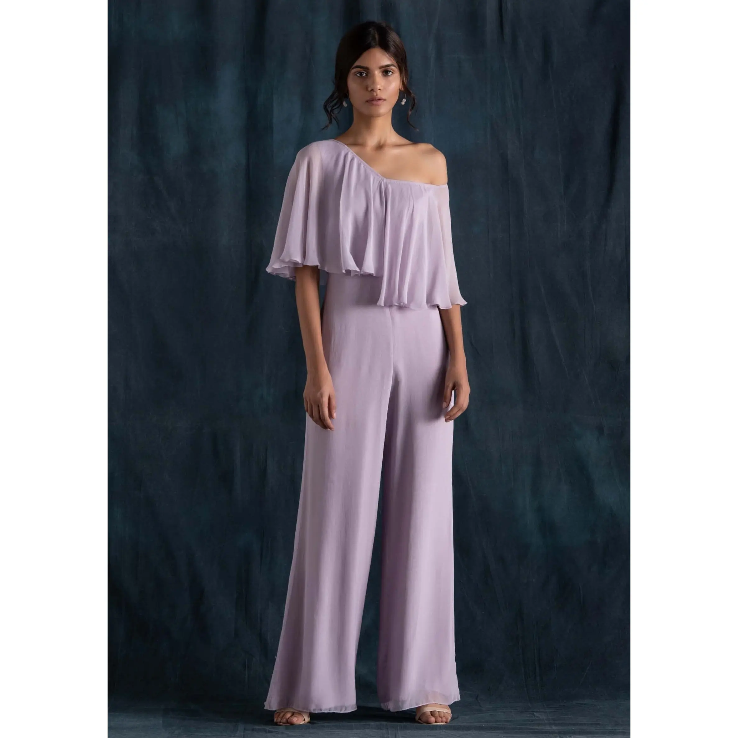 Lilac georgette jumpsuit with attached cape
