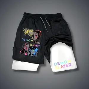 Anime 80s 90s Double-Layer Sports Shorts Graphic Shorts Black Camo Streetwear Shorts Men Outfits Men Vacation Outfits Shorts