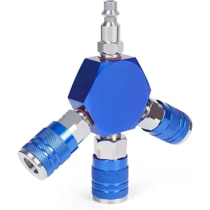 1/4 Inch NPT 3-Way Air Splitter Manifold with 3 Industrial Quick 1/4 NPT Couplers and Plugs, Hex Style Quick Connect Fittings for Air Compressor Hoses