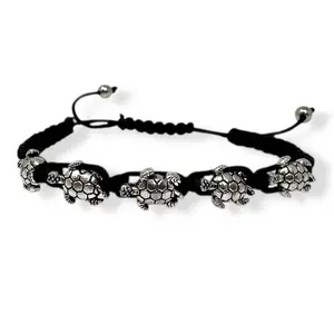 Black Braided Turtle Bracelet Anklet with Silver Tone Beads Macramé Adjustable Cord for Stylish Festival Beach Casual Vacay Accessory
