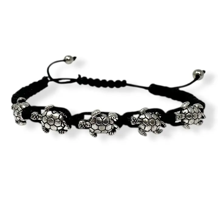 Black Braided Turtle Bracelet Anklet with Silver Tone Beads Macramé Adjustable Cord for Stylish Festival Beach Casual Vacay Accessory
