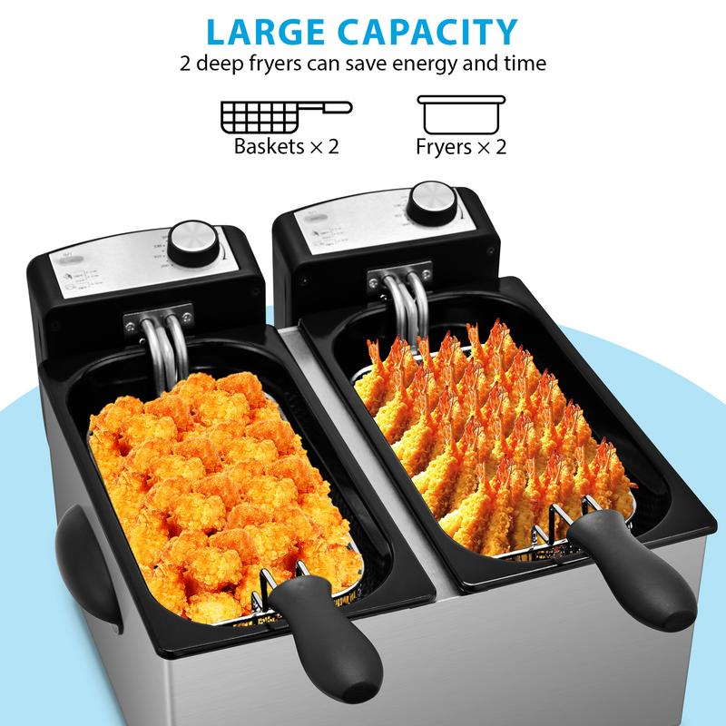 SUSTEAS Electric Double Deep Fryer with 2 Baskets & Lids, 3L Stainless Steel Removable Double Fryer,Temperature Control,Overheat Protection,3000W Household Appliances
