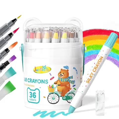 JUPITEARTH Unisex Whimsical Drawing Kit - Cute Jumbo Bear-Shaped Silky Easy-Grip Twistable Crayons, Mess-Free Non-Toxic Washable Oil Pastels, 36 Colors+6 Water Brush Pens, Durable Plastic Tube, Gift-Ready Art Supplies for 1-12 Years Hands-On Learning