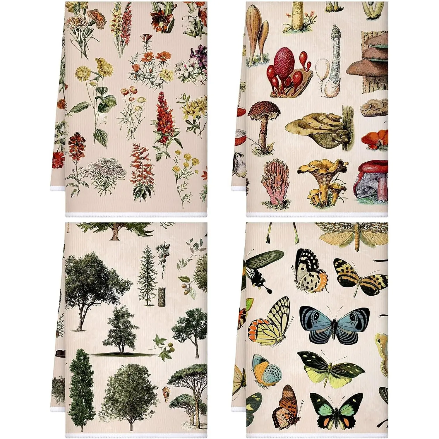 4 Count Vintage Kitchen Towels Forest Mushroom Dish Towels Wildflower Tea Towels Butterfly Plants Hand Towels Absorbent Floral Towel for Holiday Kitchen Bathroom Farmhouse Housewarming Gifts