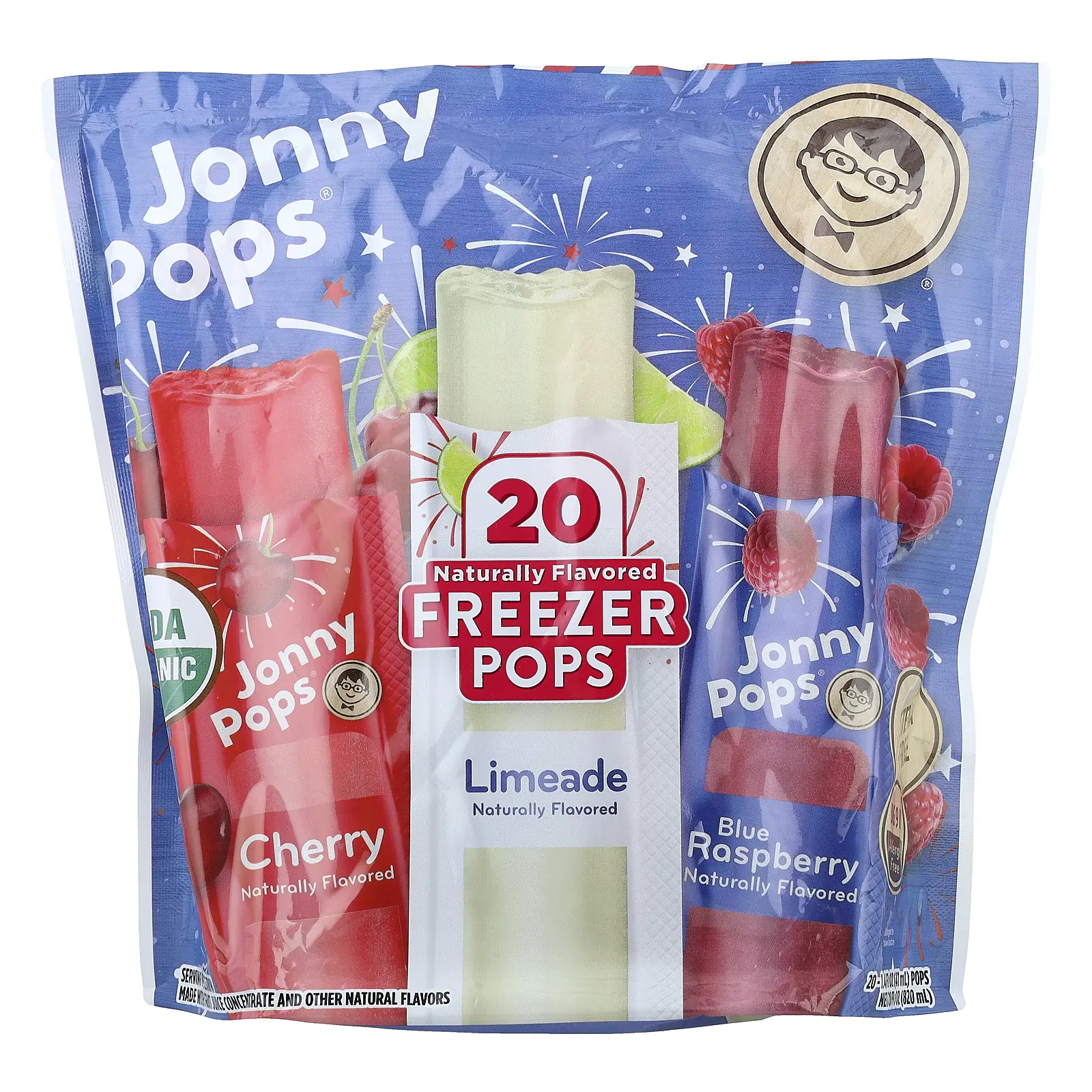 JonnyPops Freezer Pops, Limeade, Cherry, Blue Raspberry, 20 Pops, 1.4 fl oz (41 ml) Each