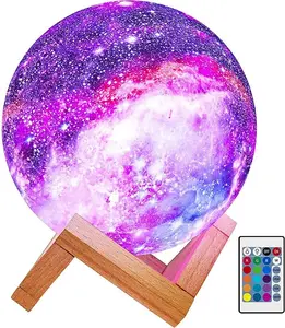 Kids Night Galaxy Lamp 5.9-inch 16 Colors LED 3D Star Moon Light with Wood Stand, Remote & Touch Control USB Rechargeable, White
